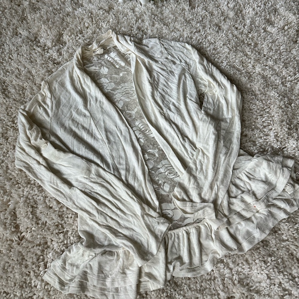 Adorable Monteau frilly cream, white floral comfy dressy bohemian fall c…